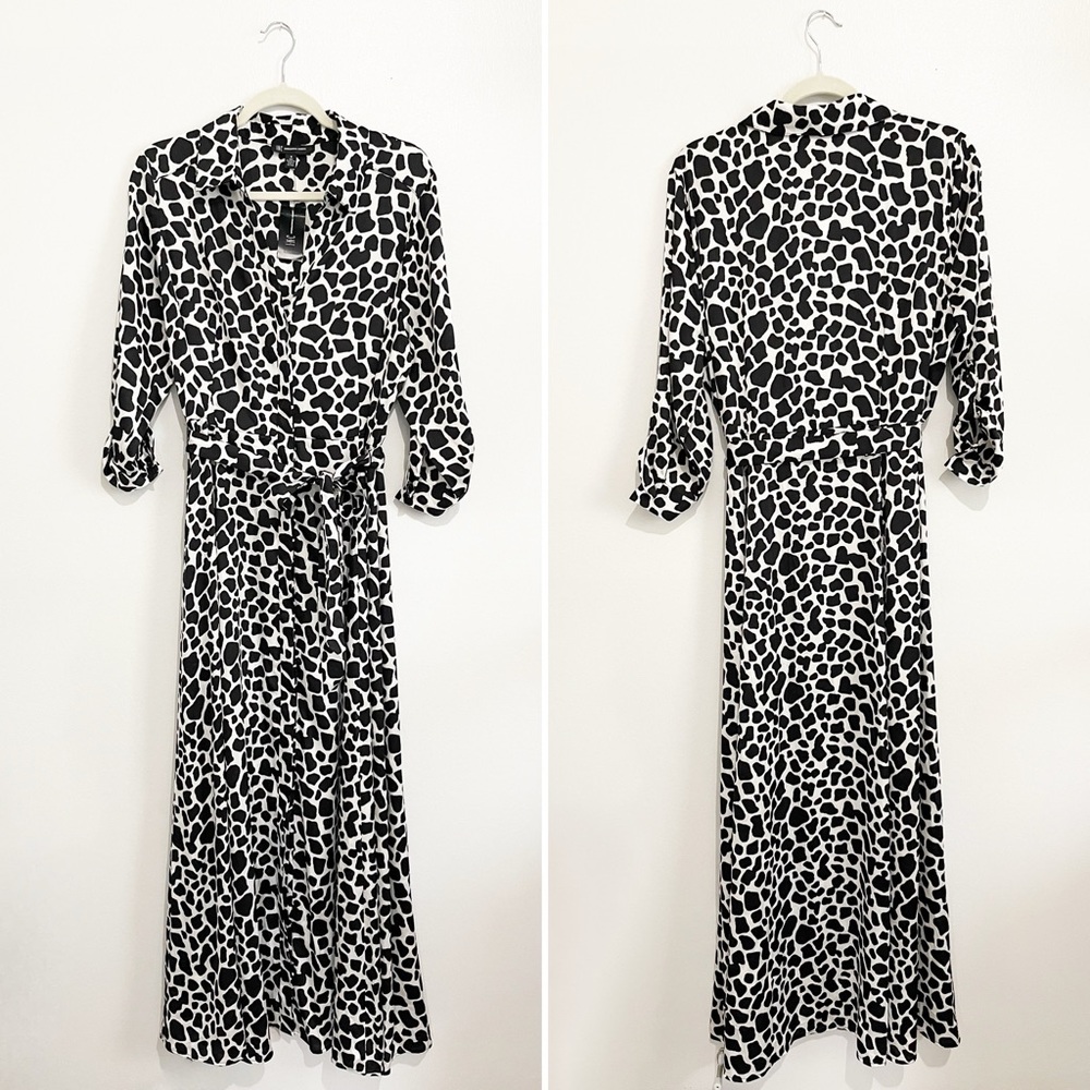 NWT INC Animal-Print Maxi Shirtdress Black White Belt Collar 3/4 Sleeve Size 16 - Picture 5 of 10